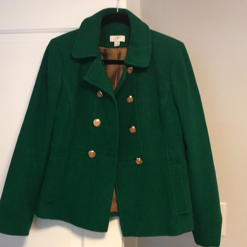 LOFT Green Double-Breasted Pea Coat with Gold Buttons